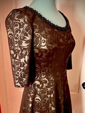 JAX Size 2 Brown Sheer Flocked Fit & Flare Dress Beaded Neckline